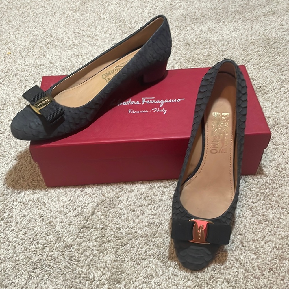 Salvatore Ferragamo. Good used condition. Suede reptile type material. Sz 7 1/2